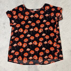 CAbi Flanders Poppy Blouse Womens Size S Black Red Short Sleeve Split Back #3251